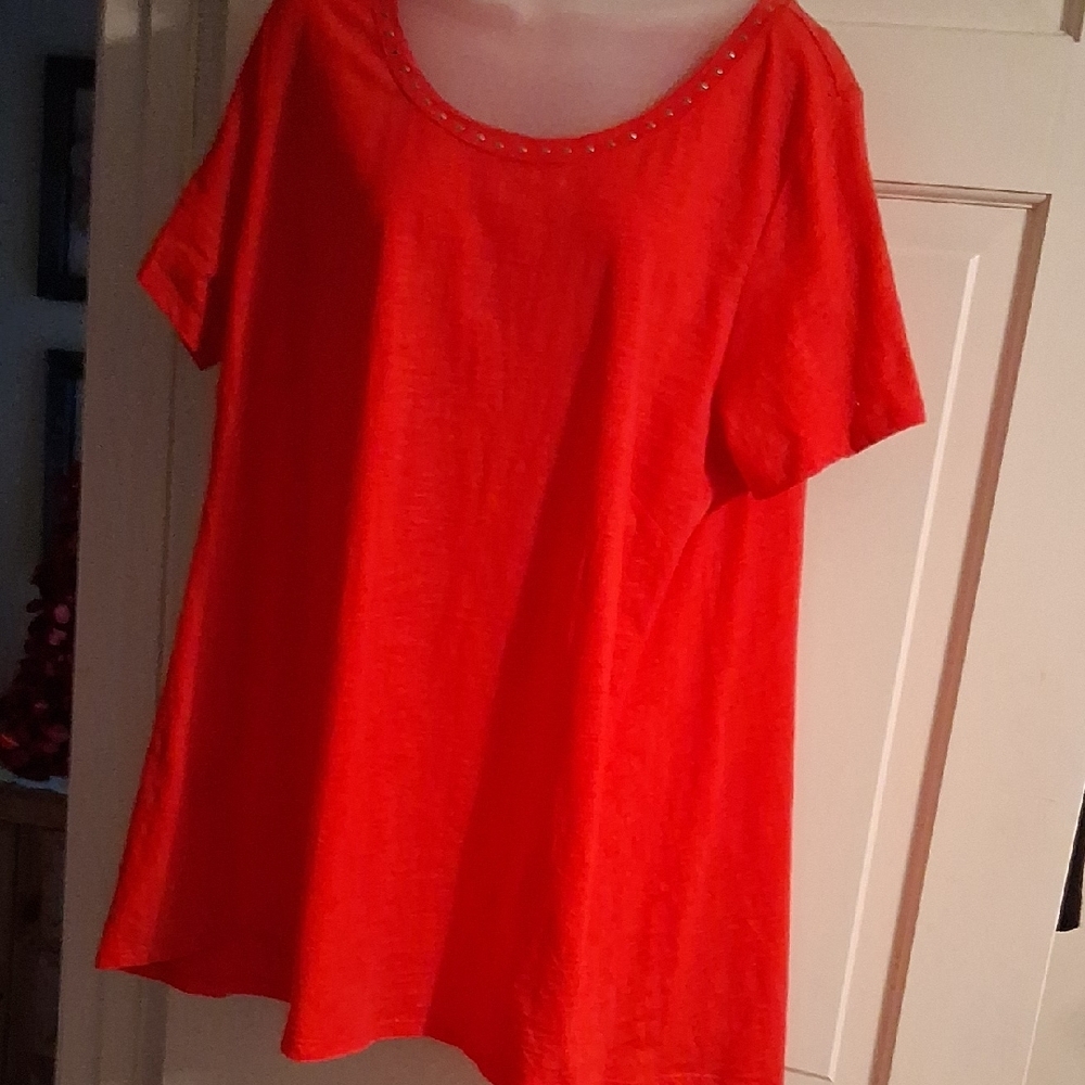 Avenue Vibrant Red Short Sleeve Top with Studded Neckline